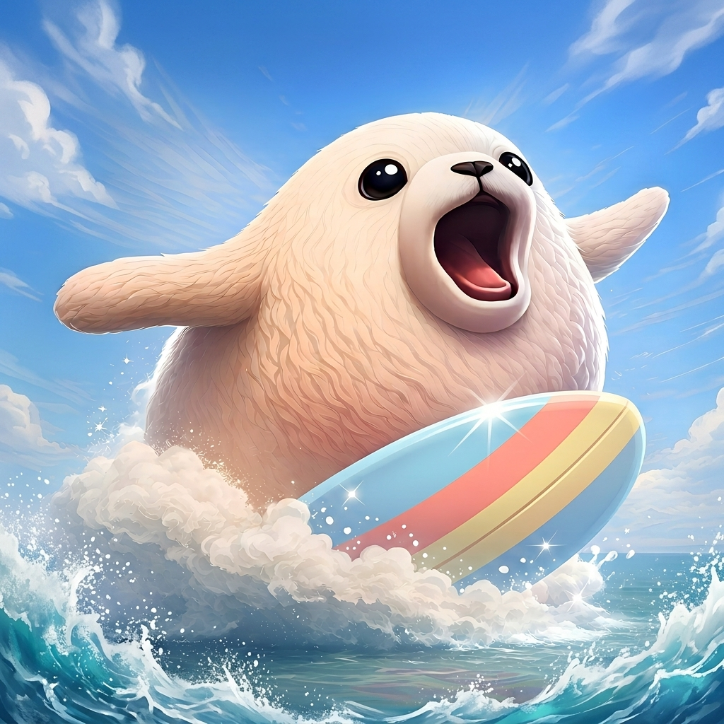 Blubby the Seal surfing through a bright ocean wave